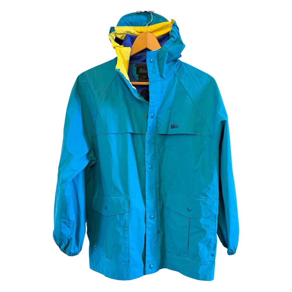 REI Vintage Colorful Teal Hooded Rain Jacket Women's Ventilated PVC/Nylon Size L